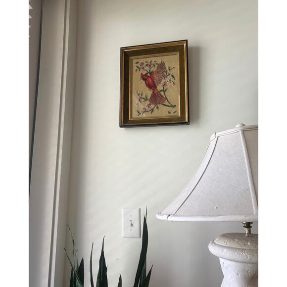 Vintage Framed Cardinal Needlepoint | Red Bird on Dogwood | 18x13 | Velvet Mat - Picture 2 of 5